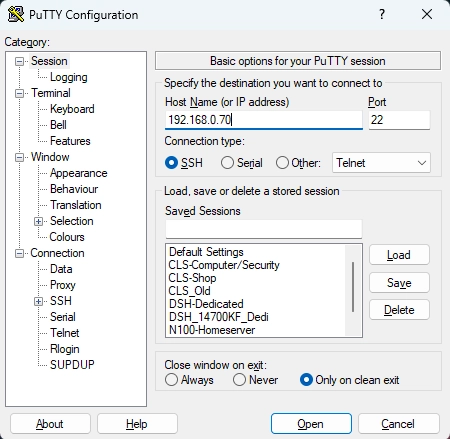 PuTTY Hostname und Port eingeben