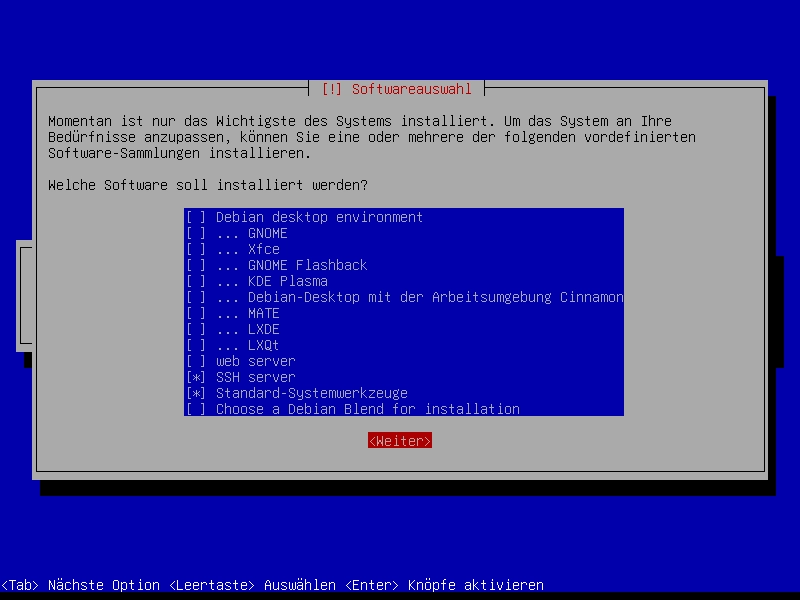Software-Auswahl nur SSH und Standard