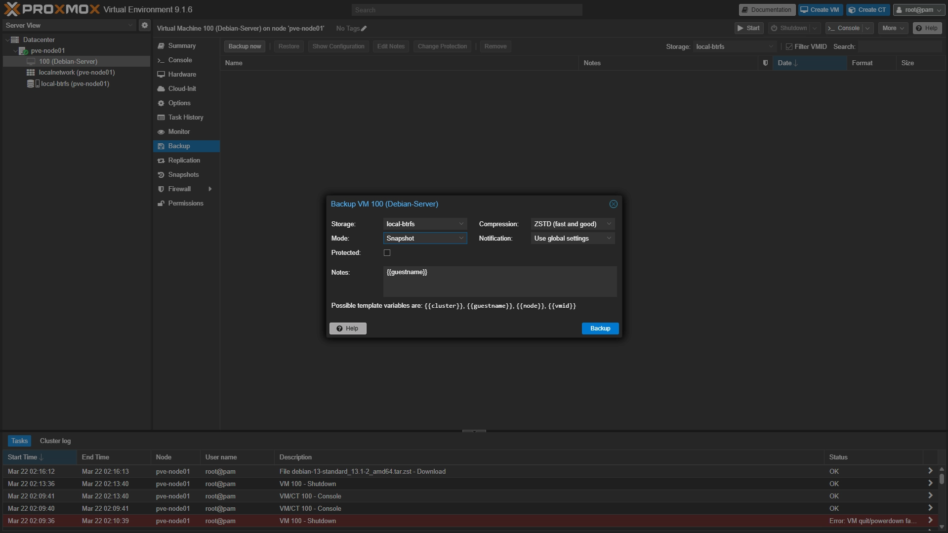 Proxmox Backup erstellen