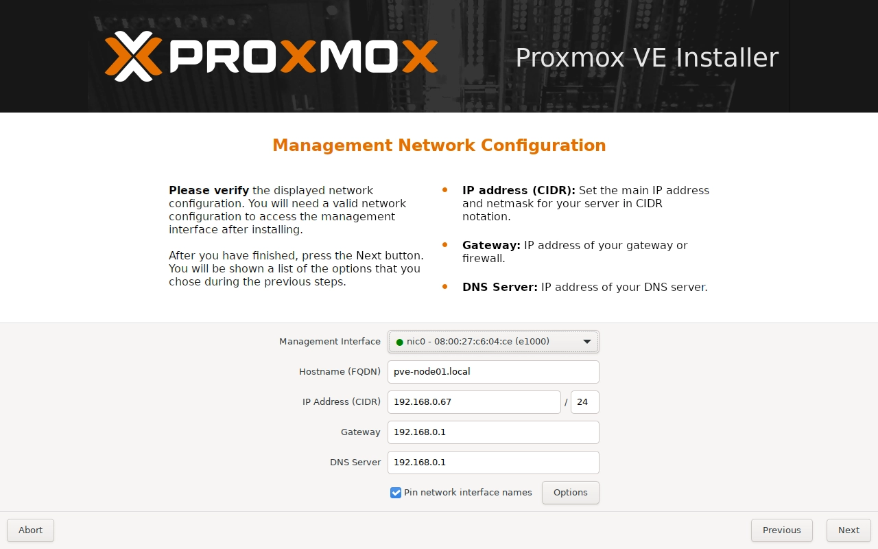 Proxmox Installer Netzwerkkonfiguration