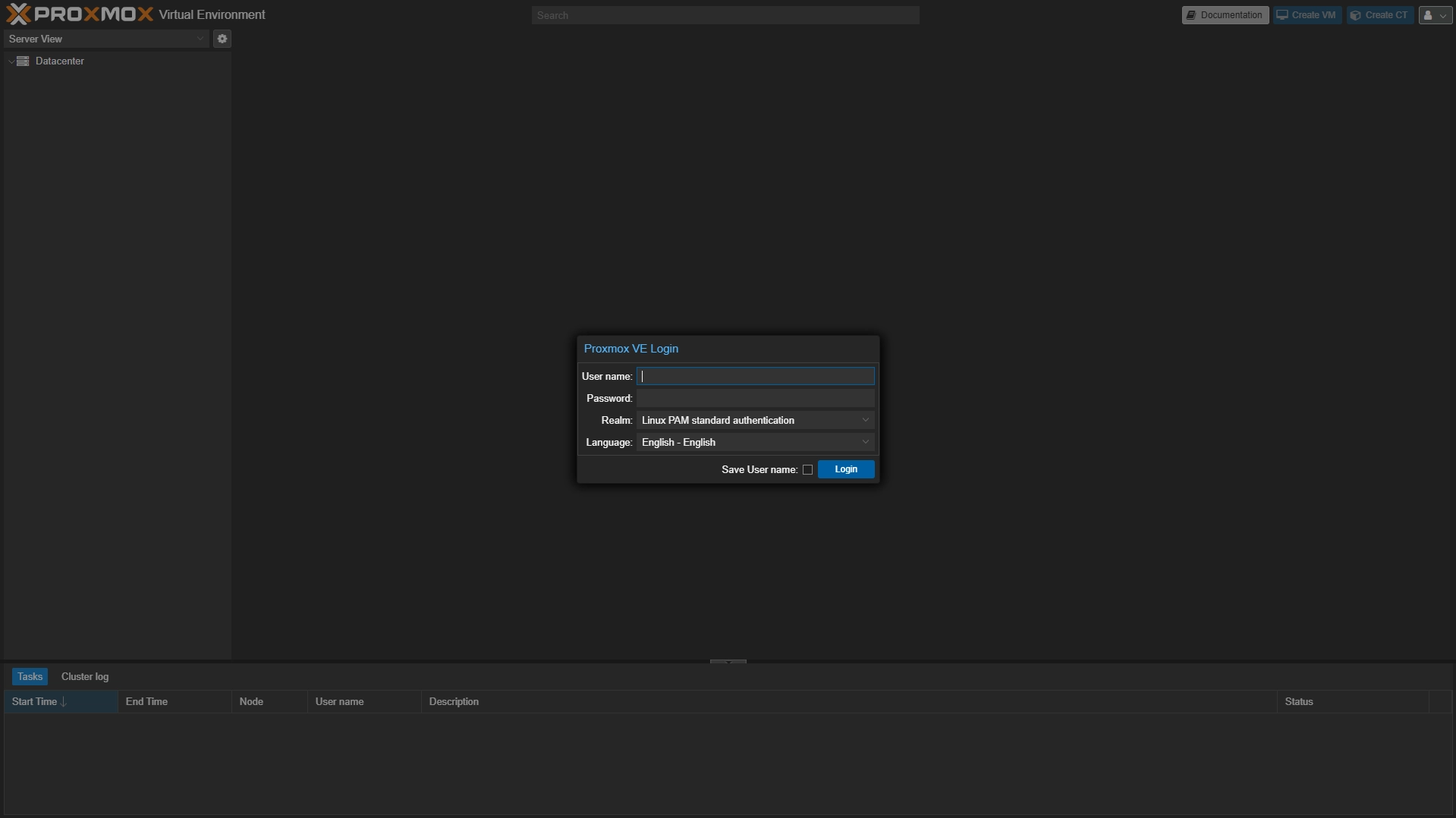 Proxmox Webinterface Login