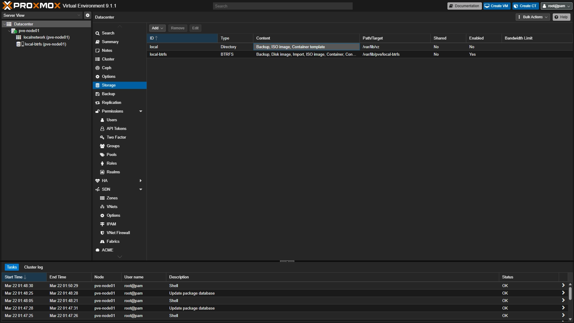 Proxmox Webinterface Storage